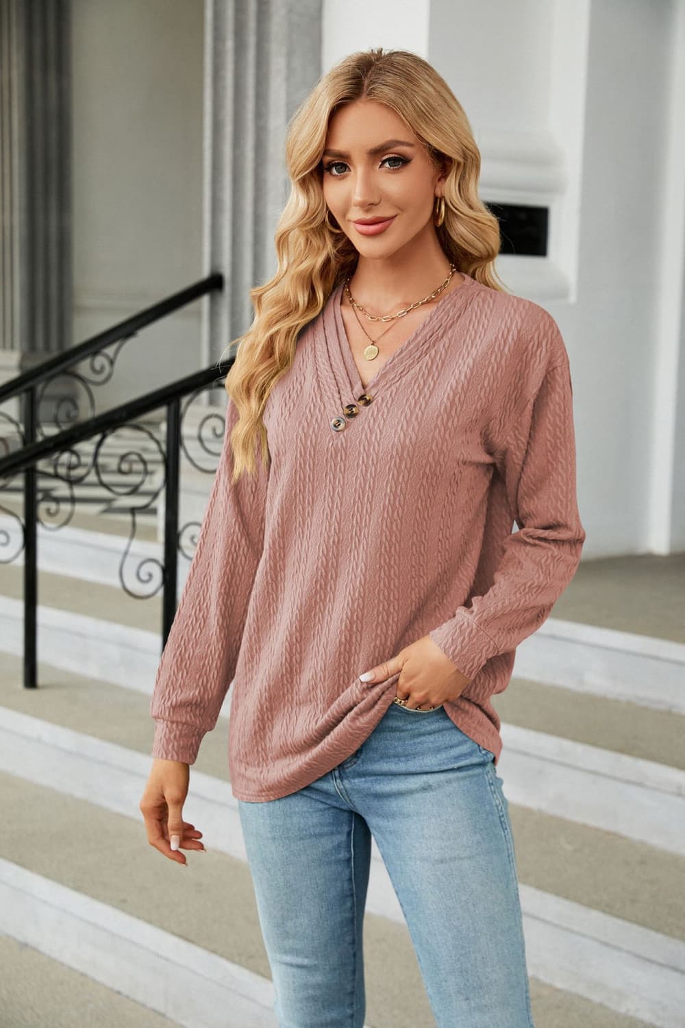 Decorative Button V-Neck Long Sleeve T-Shirt - cas7m