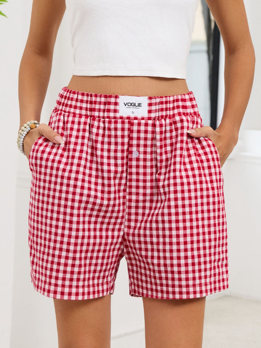 Gingham Elastic Waist Casual Shorts - cas7m
