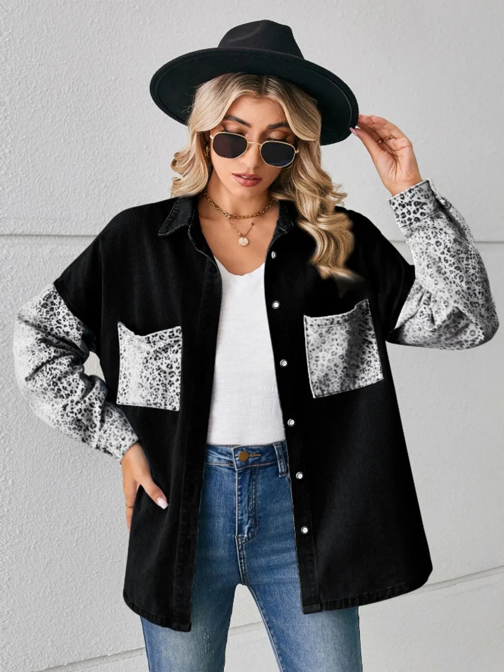 Leopard Button Up Denim Jacket - cas7m