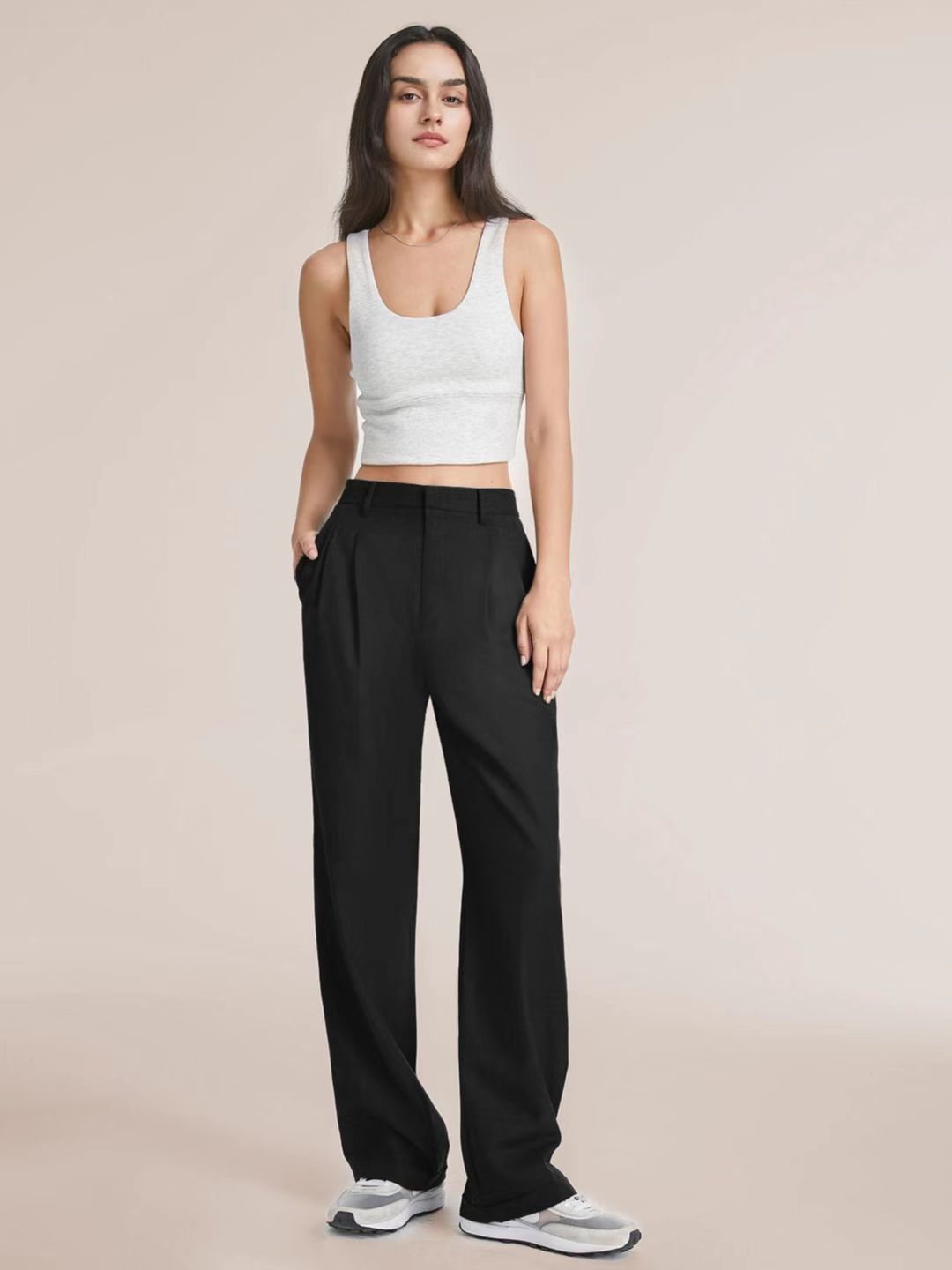 High Waist Straight Trousers With Pockets Wide Leg Casual Pants For Women - cas7m