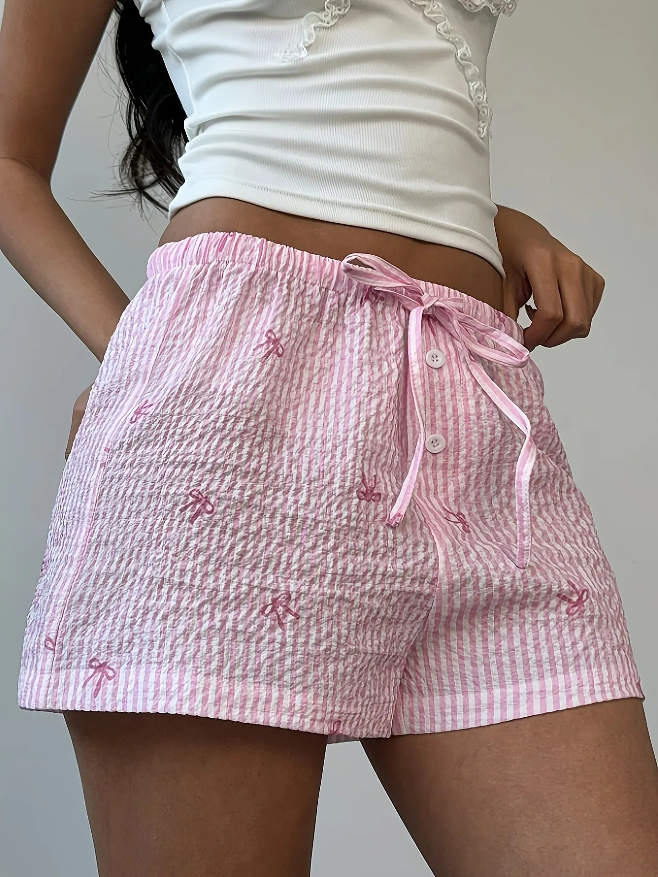 Bow Striped Drawstring Casual Shorts - cas7m
