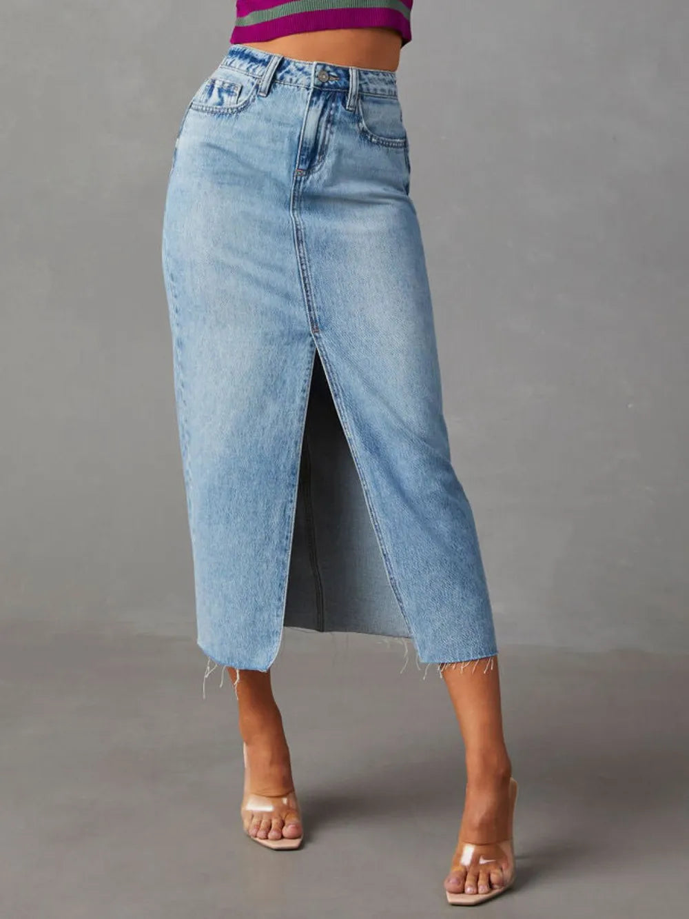 Raw Hem Front Slit Denim Midi Skirt - cas7m