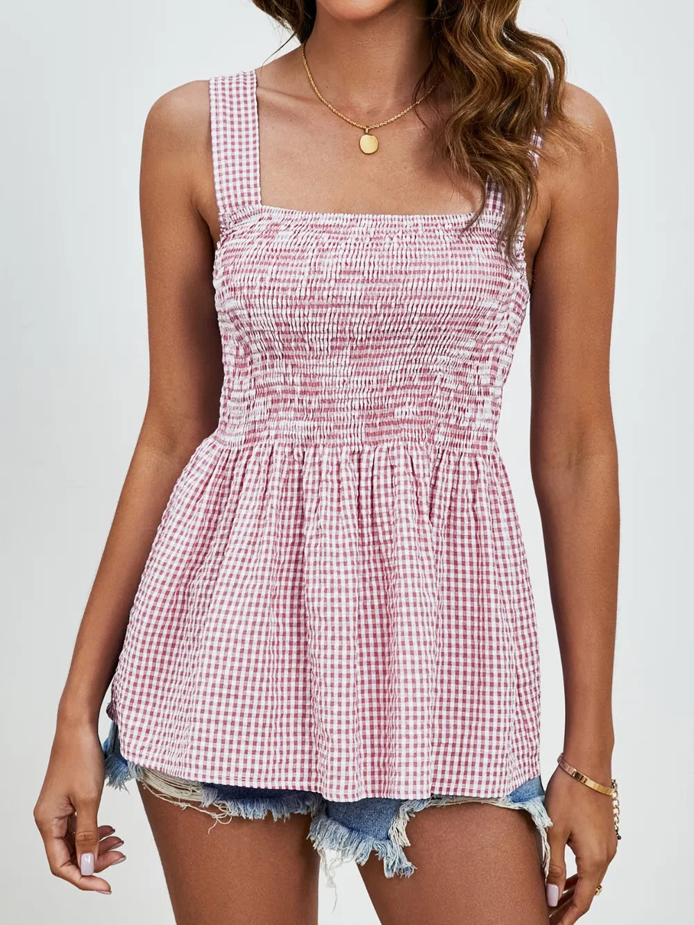 Smocked Plaid Square Neck Tank - cas7m