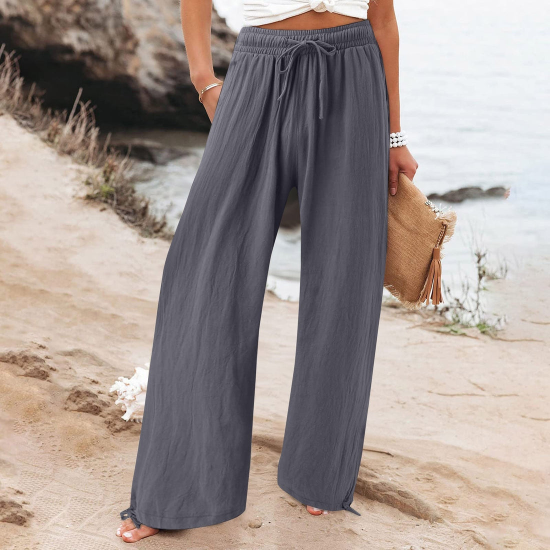 Women's Cotton And Linen Wide-leg Beach Pants Casual Pants - cas7m
