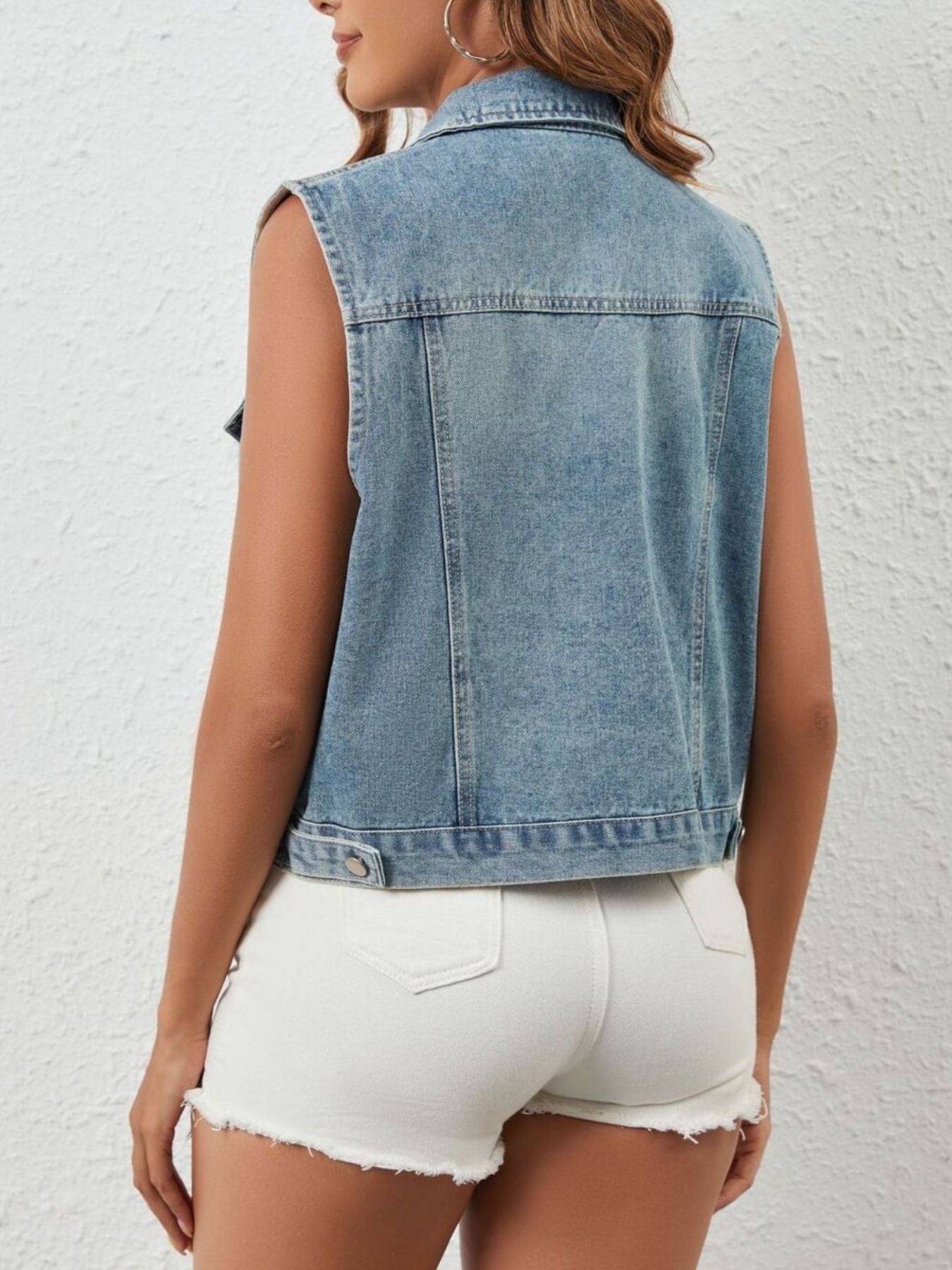 Rhinestone Embellished Sleeveless Denim Jacket - cas7m