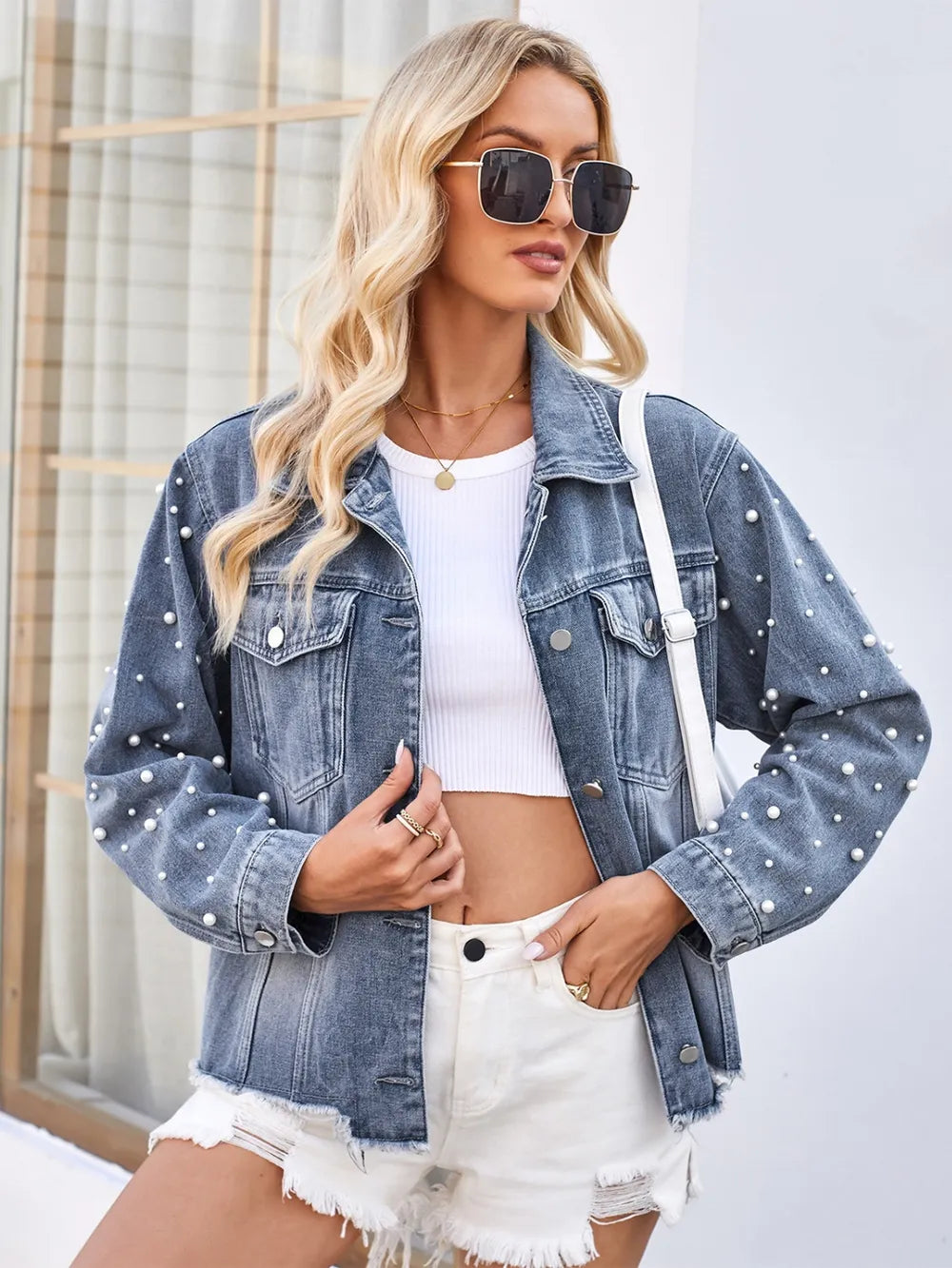 Pearl Trim Raw Hem Denim Jacket - cas7m