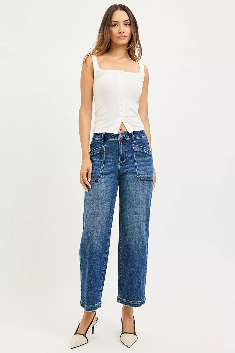 RISEN Slouchy Cropped Baggy Jeans with Front Patch Pocket - cas7m