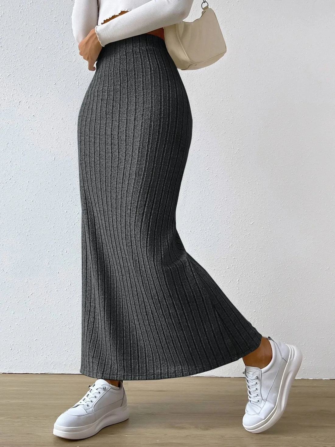 High Waist Ribbed Knit Maxi Skirt - cas7m