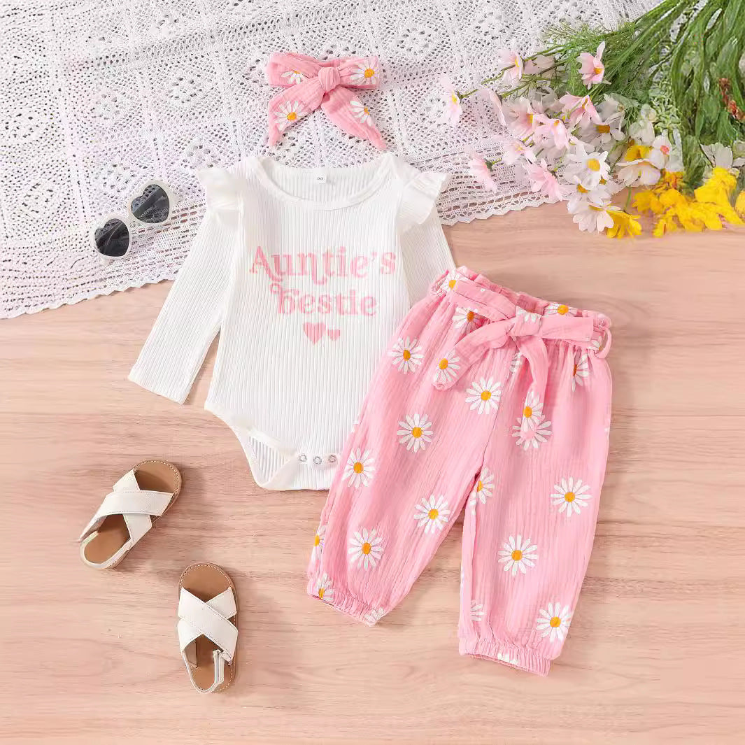 Ruffled Long-sleeve Bodysuit Paired With Matching Pants And A Bow Hair Accessory - cas7m