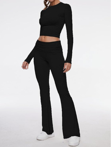 Women's Round Neck Bell-Bottom Pants Suit - cas7m