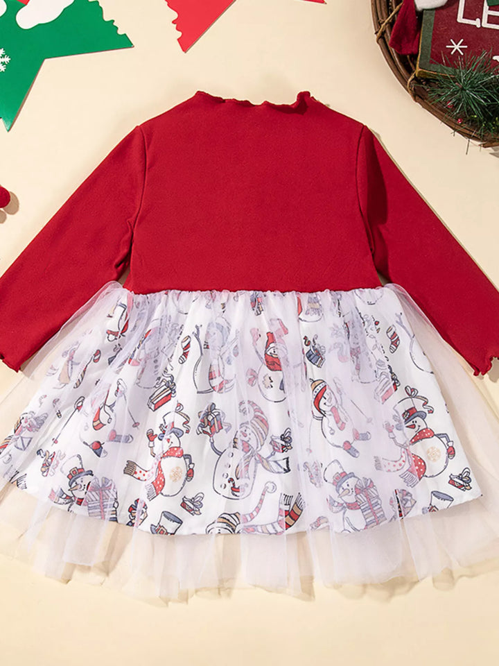 Children's Christmas Snowman Print Tulle Dress - cas7m