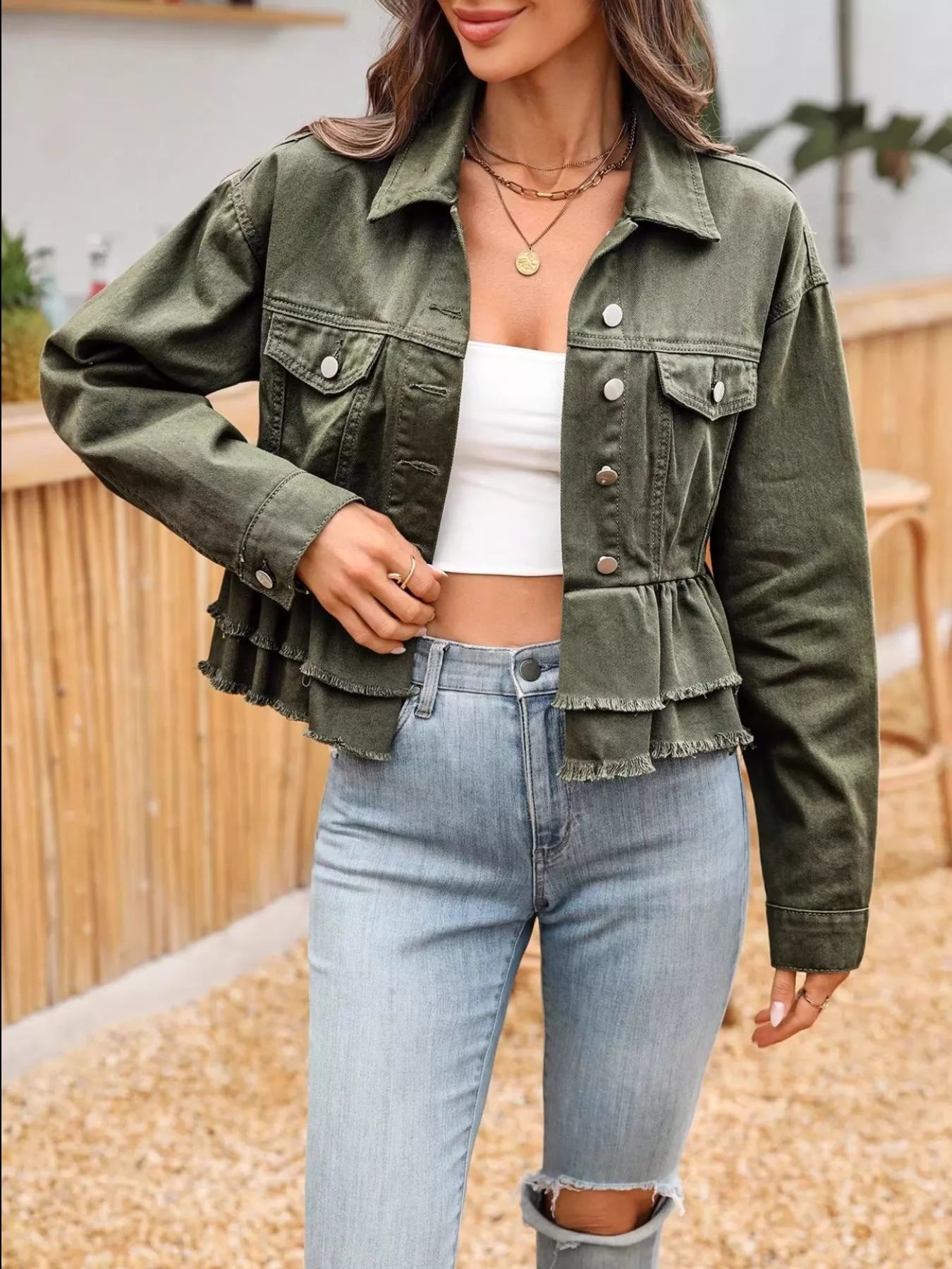 Ruffle Raw Hem Denim Jacket - cas7m