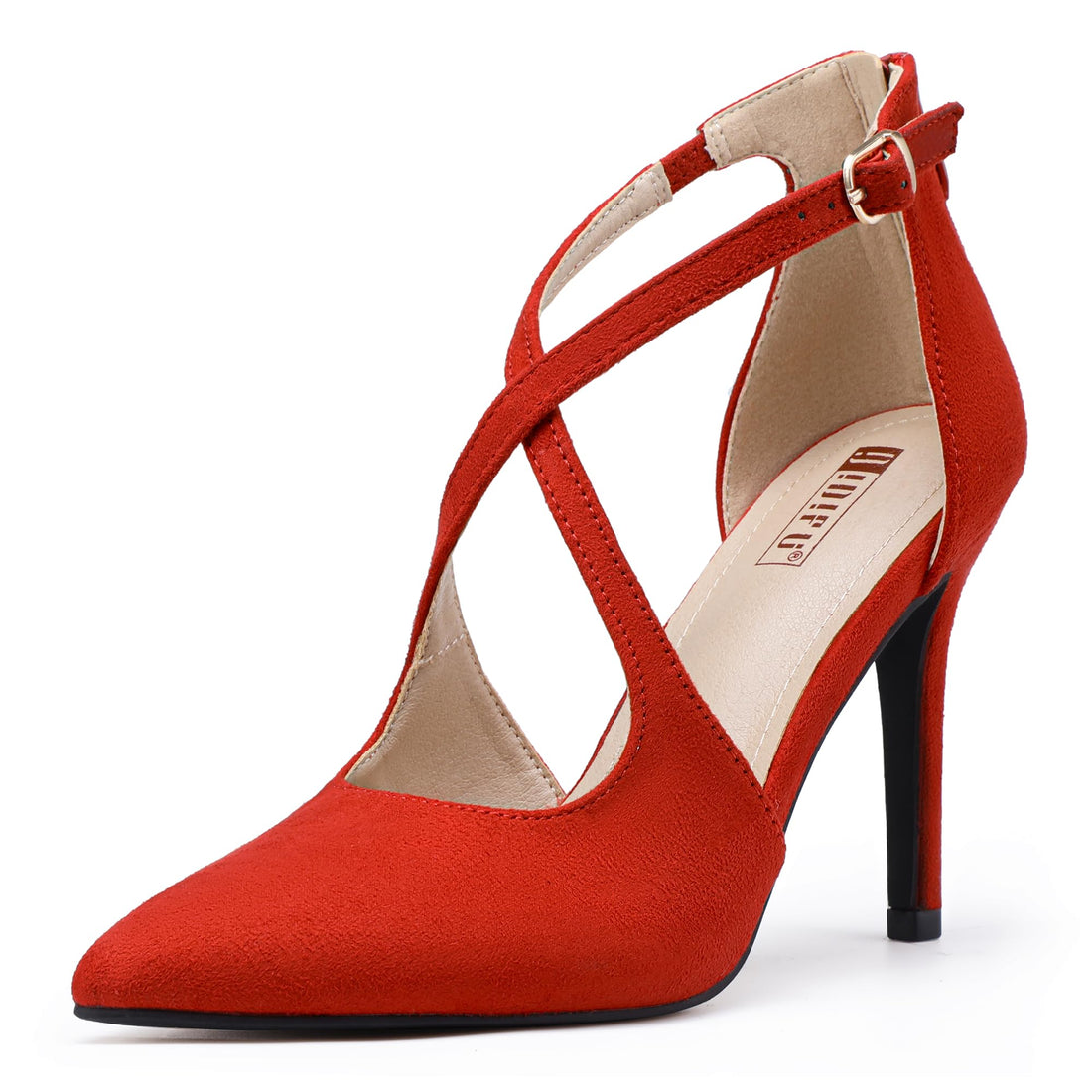 IDIFU Red Heels Womens Pumps Closed Toe Heels Stiletto High Heels Strappy Heels Wedding Bridal Office Homecoming Dress Shoes for Women Comfortable Dressy Pointed Toe Zip Pumps Heels(Red Suede5.5)