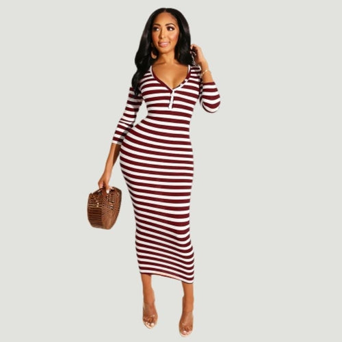 Sexy striped midi bodycon dress Women autumn winter female - cas7m