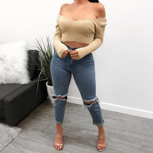Cotton black short crop top Women autumn v neck off shoulder - cas7m