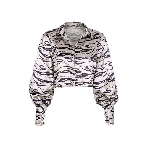 Animal print satin blouse shirt Women turndown collar buttons - cas7m