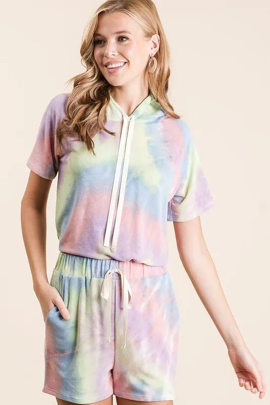 BiBi Tie Dye French Terry Casual Shorts with Twill Tape - cas7m