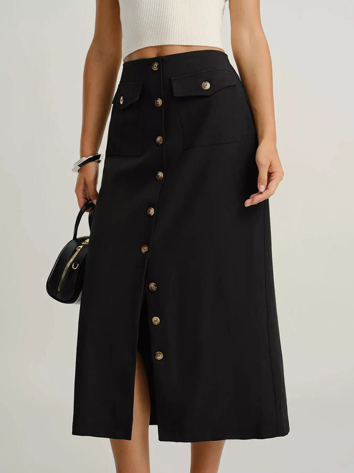 Button-Front Pocketed Midi Skirt - cas7m