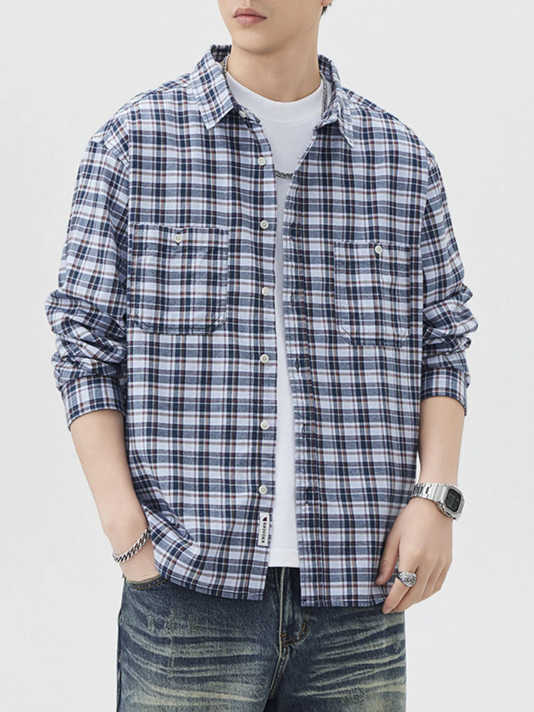 Men's Plus Size Plaid Button Up Long Sleeve Shirt - cas7m