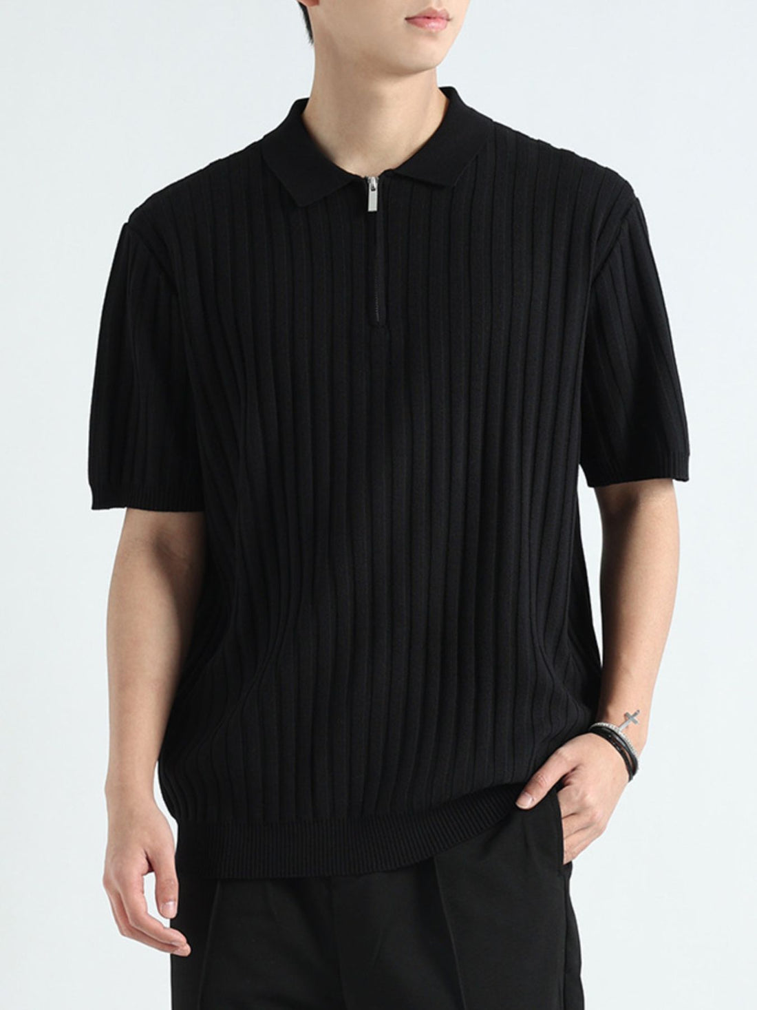 Men's Plus Size Ribbed Knit Short Sleeve Polo - cas7m