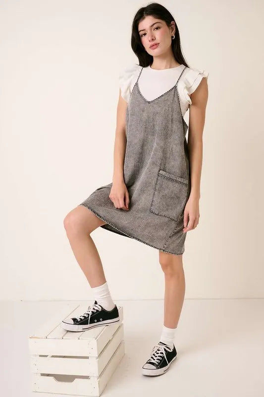 Mittoshop Washed Patch Pocket Mini Cami Denim Dress - cas7m