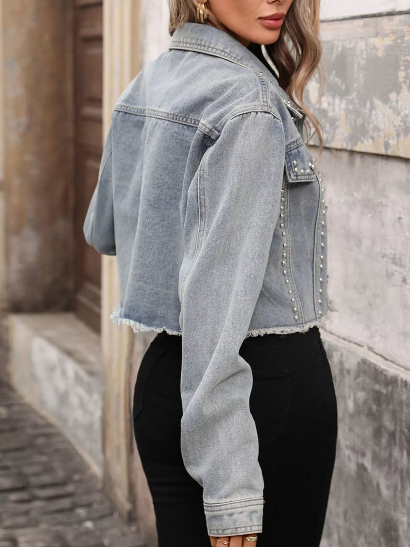 Studded Raw Hem Denim Jacket - cas7m