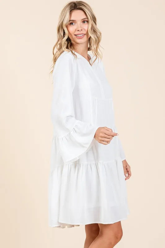 Mittoshop Tiered Notched Flare Sleeve Dress - cas7m