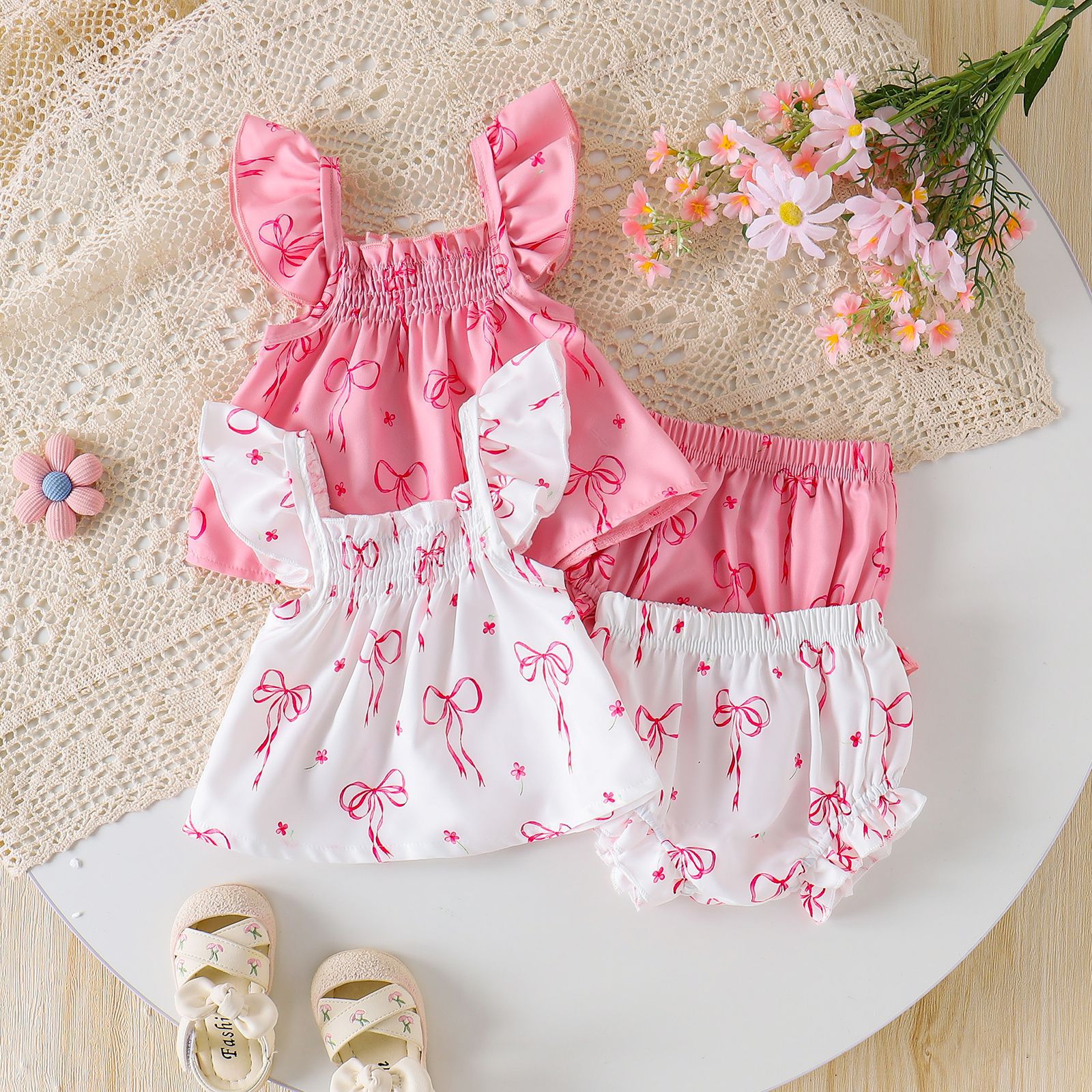 Womens Loose Set With Puffed Sleeves Bow Tie And Floral Print - cas7m