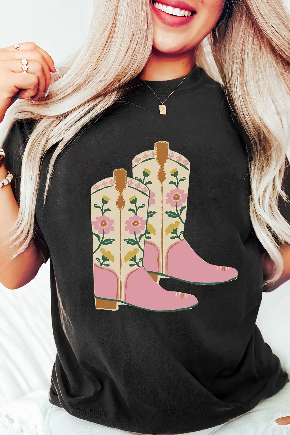 Floral Cowgirl Boots Graphic T-Shirt - cas7m
