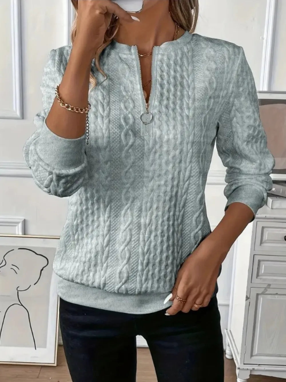 Texture Half Zip Long Sleeve Sweatshirt - cas7m