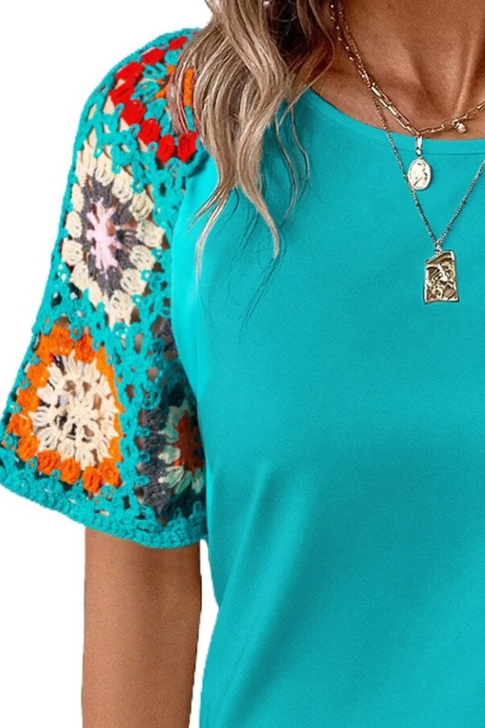 Geometric Round Neck Short Sleeve Blouse - cas7m