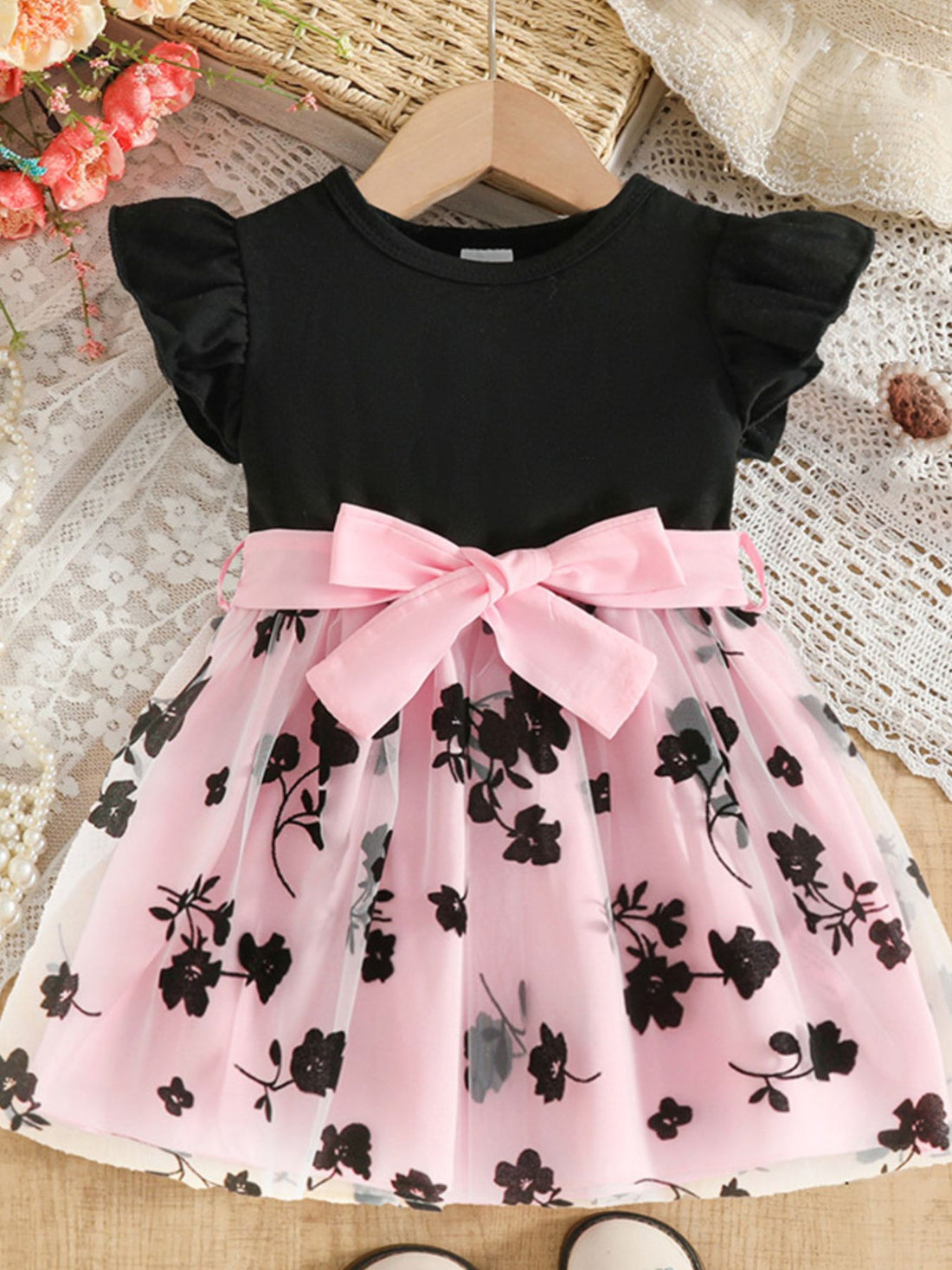 Children's Floral Print Mesh Bowknot Toddler Dress - cas7m