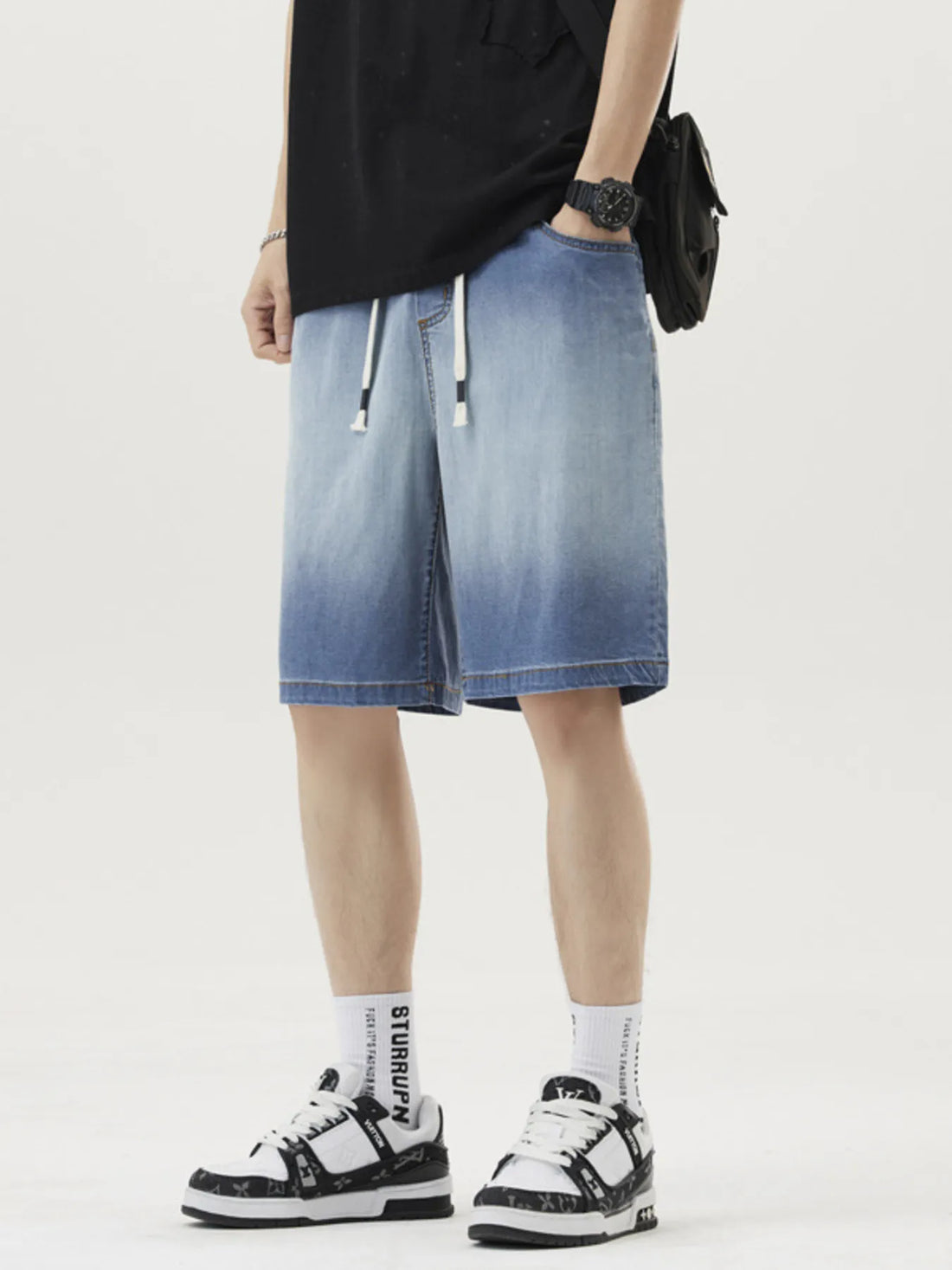 Men's Plus Size Loose Fit Drawstring Denim Shorts - cas7m