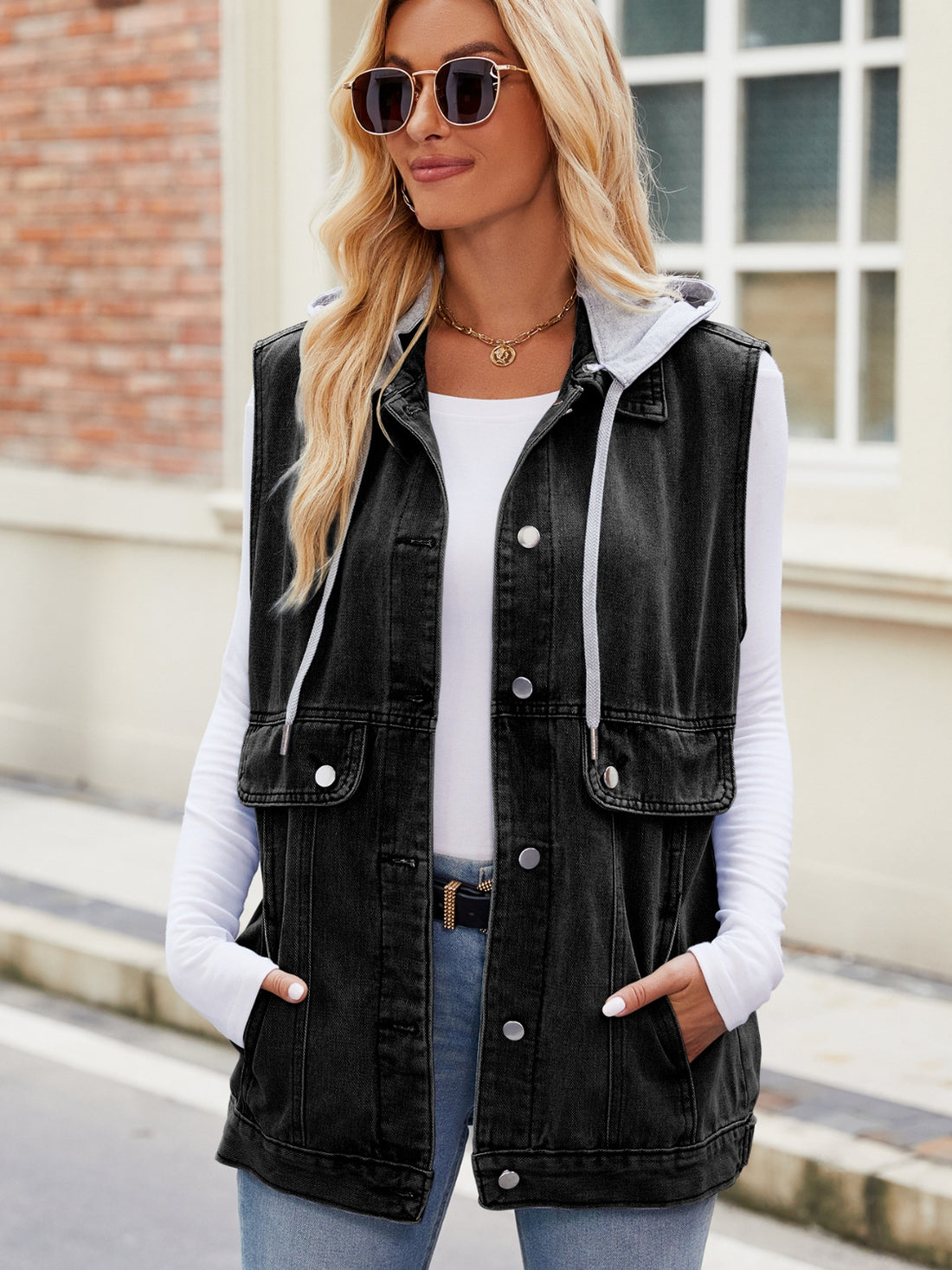 Drawstring Hooded Sleeveless Denim Jacket - cas7m
