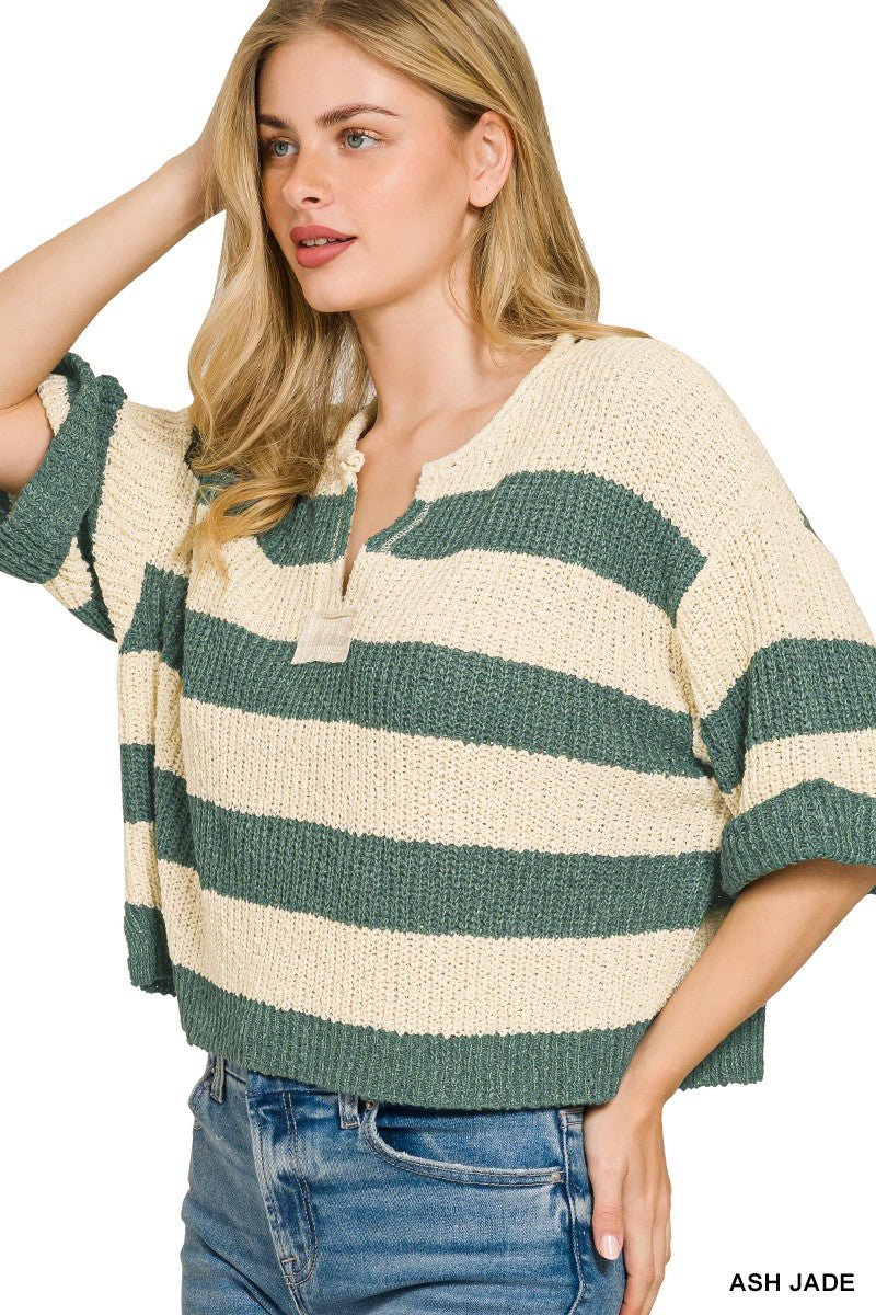 Zenana Split Neck Stripe Sweater - cas7m