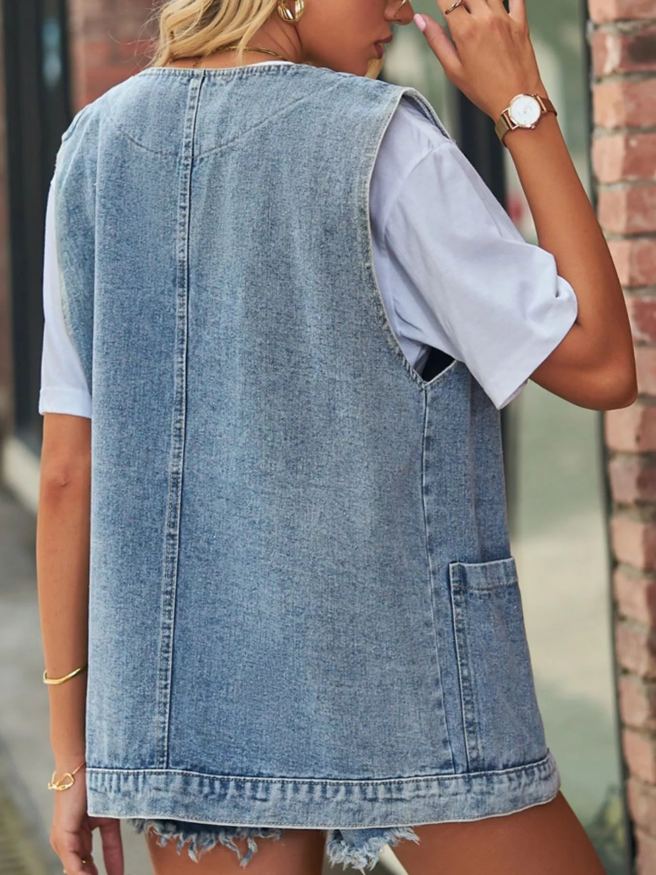 Sleeveless Button-Down Denim Jacket Vest - cas7m