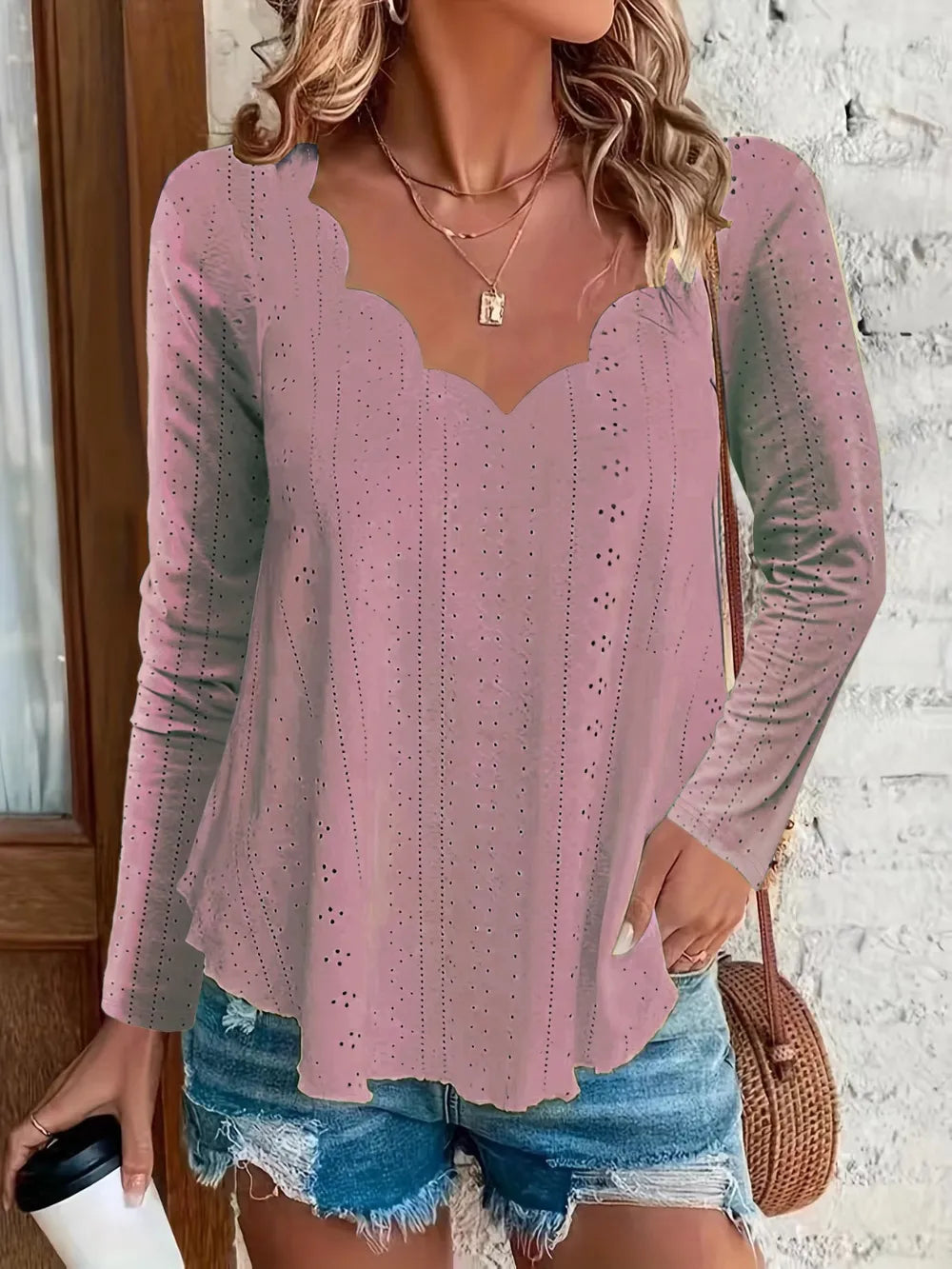 Eyelet Long Sleeve Blouse - cas7m