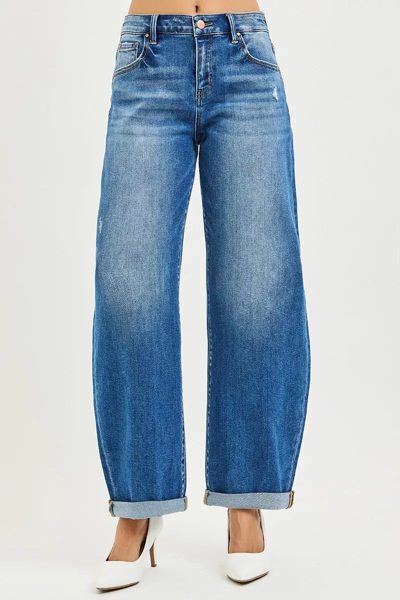 RISEN Full Size Mid Rise Barrel Double Roll Up Jeans Plus Size - cas7m