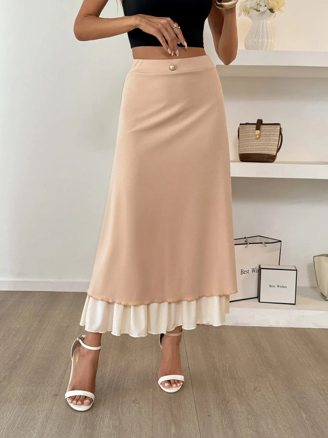 Layered Midi Skirt with Contrast Hem Detail - cas7m