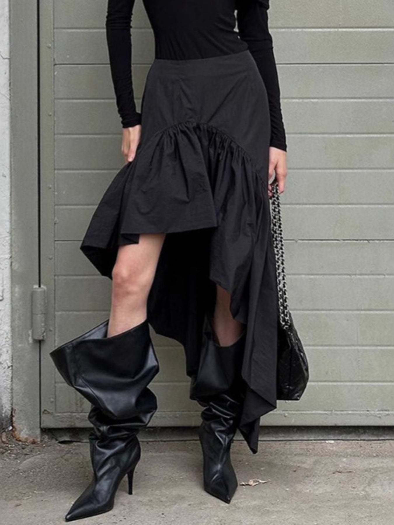 Asymmetrical Ruffle Hem Midi Skirt - cas7m