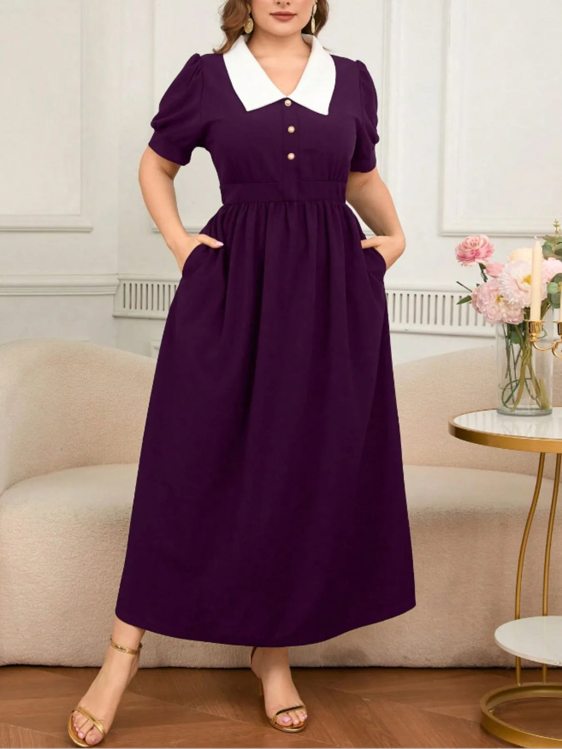 Plus Size Contrast Collar Short Sleeve Dress - cas7m