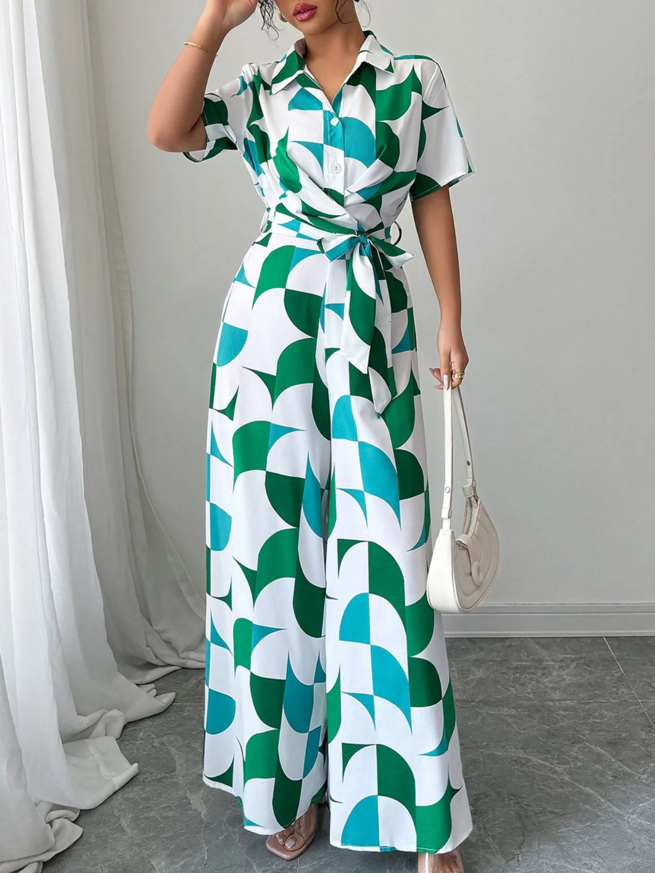 Printed Wide Leg Belted Jumpsuit - cas7m