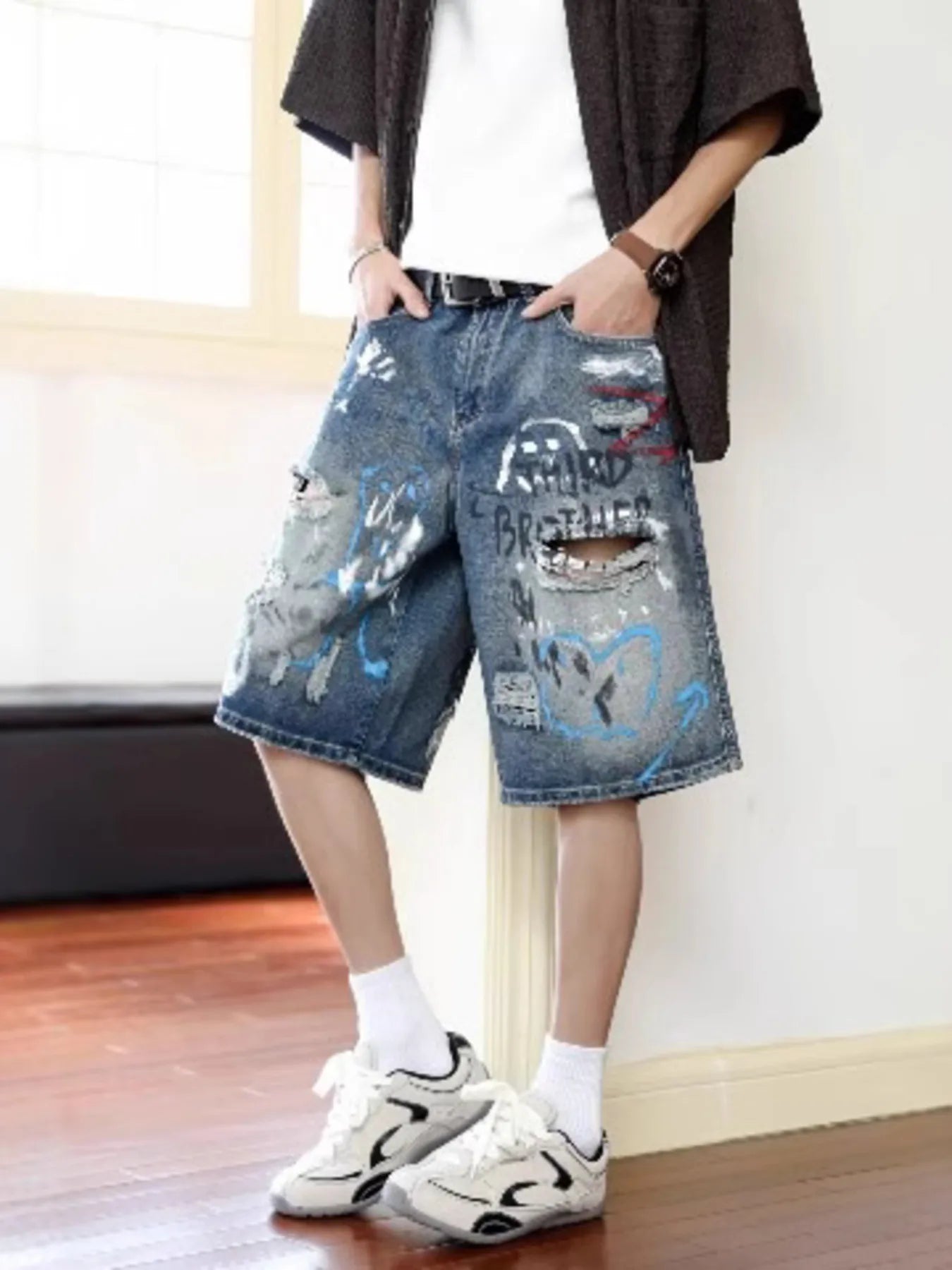 Men's Plus Size Distressed Loose Fit Denim Shorts - cas7m