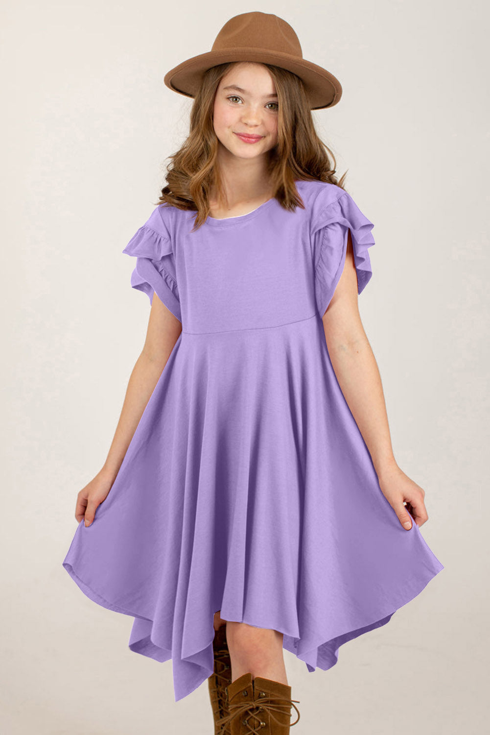 Round Neck Petal Sleeve Dress - cas7m