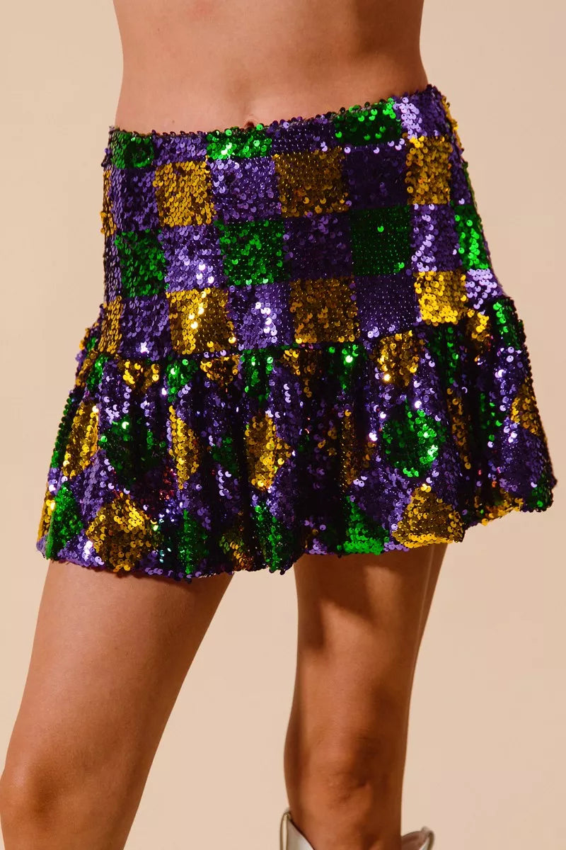 SO ME Mardi Gras Checker Sequins Mini Skirt - cas7m