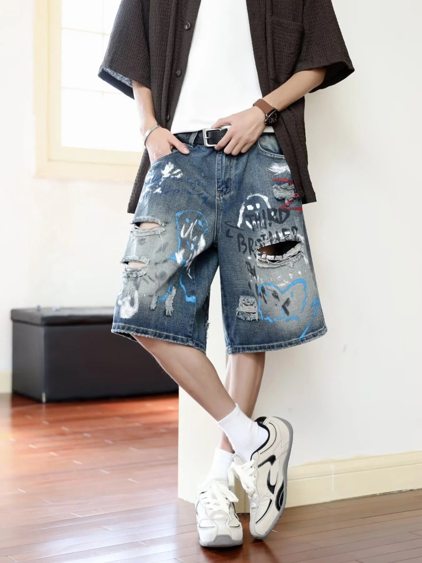 Men's Plus Size Distressed Loose Fit Denim Shorts - cas7m