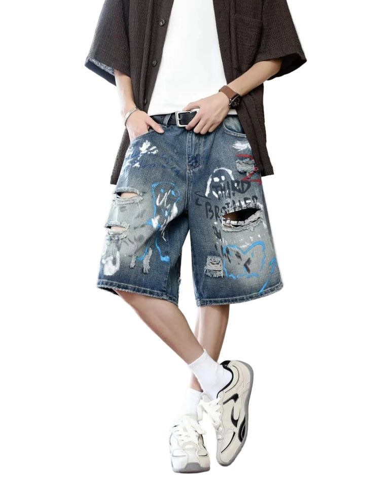 Men's Plus Size Distressed Loose Fit Denim Shorts - cas7m