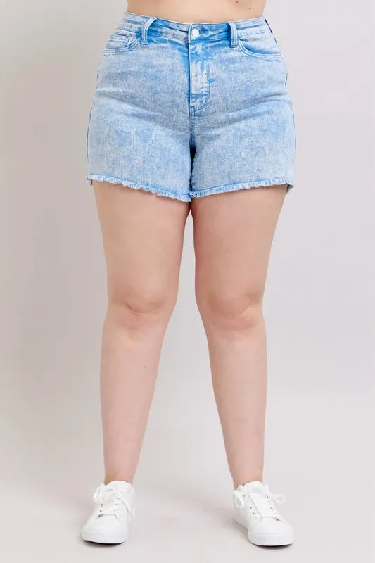 Mid-Rise Garment Dyed Denim Shorts with Raw Hem - cas7m