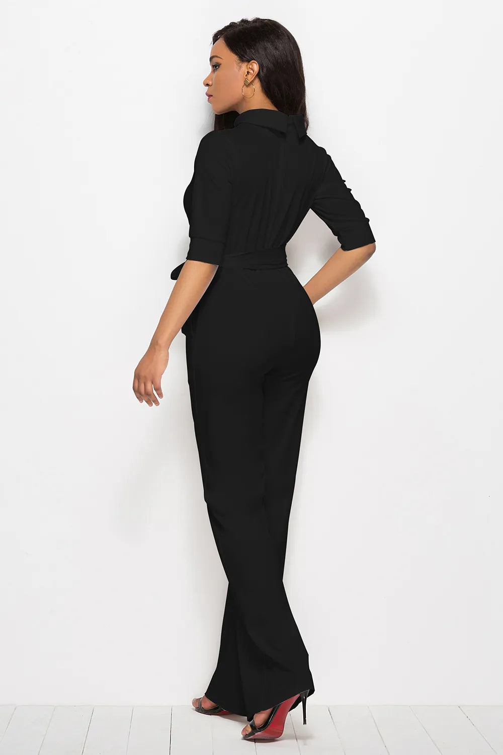 Mock Neck Tie-Waist Half Sleeve Jumpsuit - cas7m