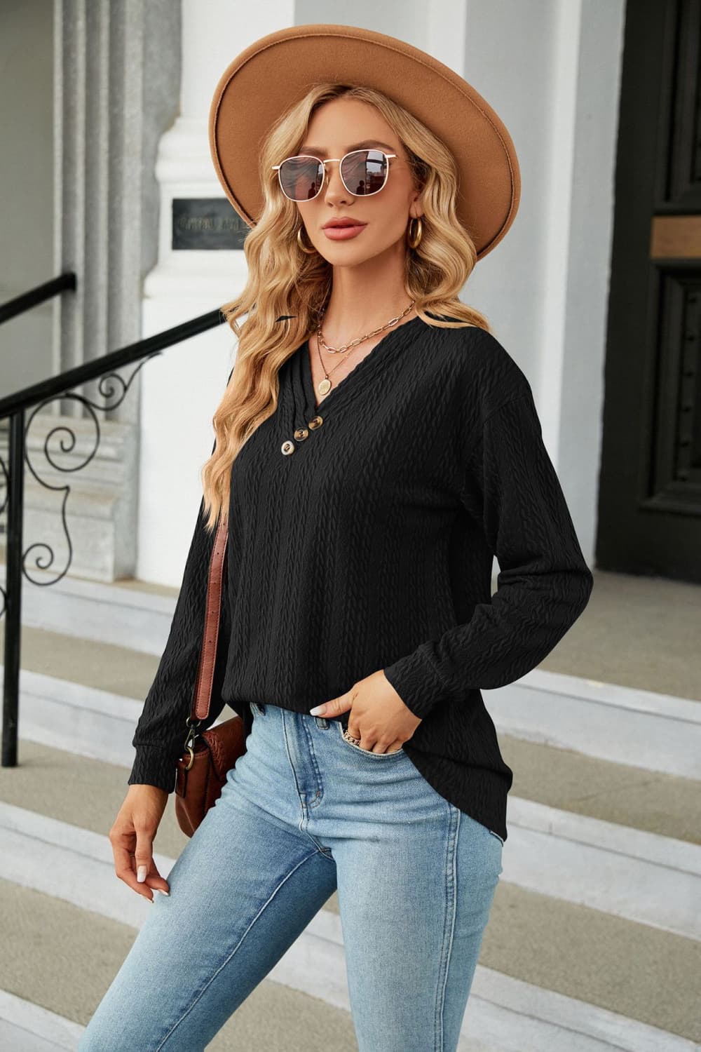 Decorative Button V-Neck Long Sleeve T-Shirt - cas7m
